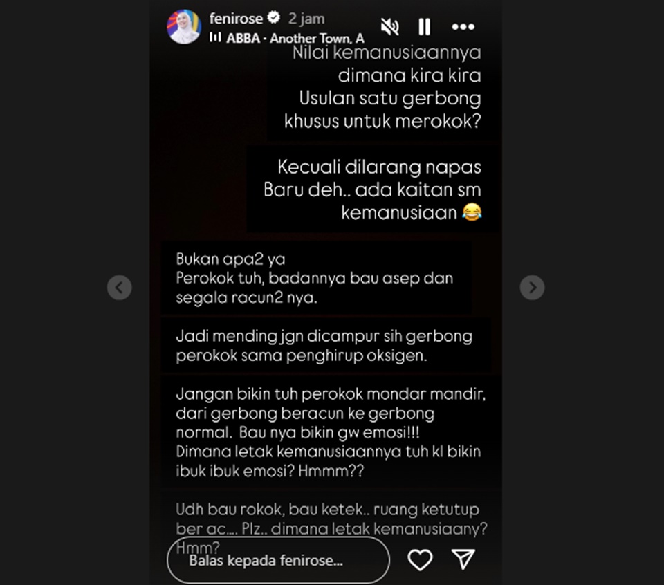 Feni Rose Protes Usulan DPR Soal Gerbong Khusus Perokok [Instagram]